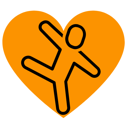 Orange heart with stick figure inside, balancing on one leg. Icon for Resilient.Games.