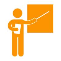 Stick figure of a teacher pointing at a chalkboard.