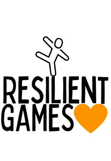 A phone's screen shows the logo for Resilient Games. The logo shows a person balancing on the phrase 'resilient games' which itself is propped up by a large orange heart.